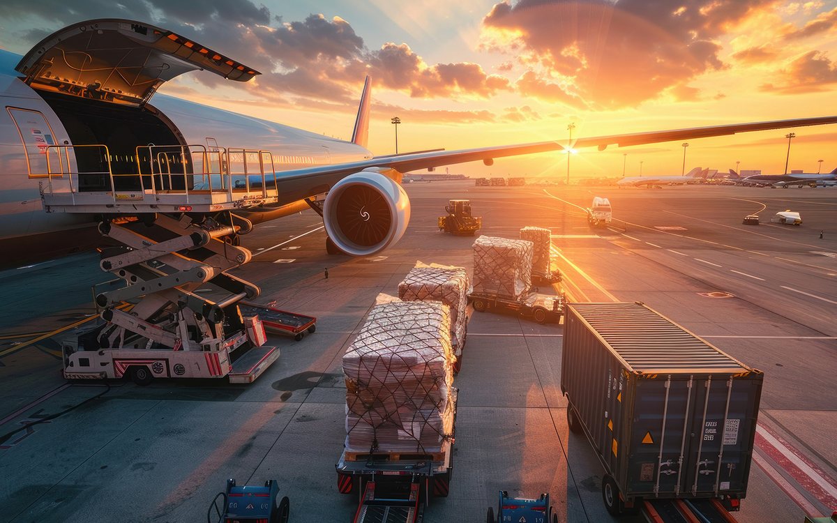 Samolot transportowy ładowany paletami lotniczymi na lotnisku